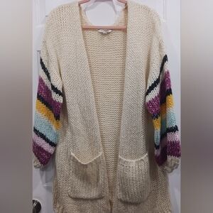 DAVI & DANI Cream Cardigan with Colorful Striped Sleeves